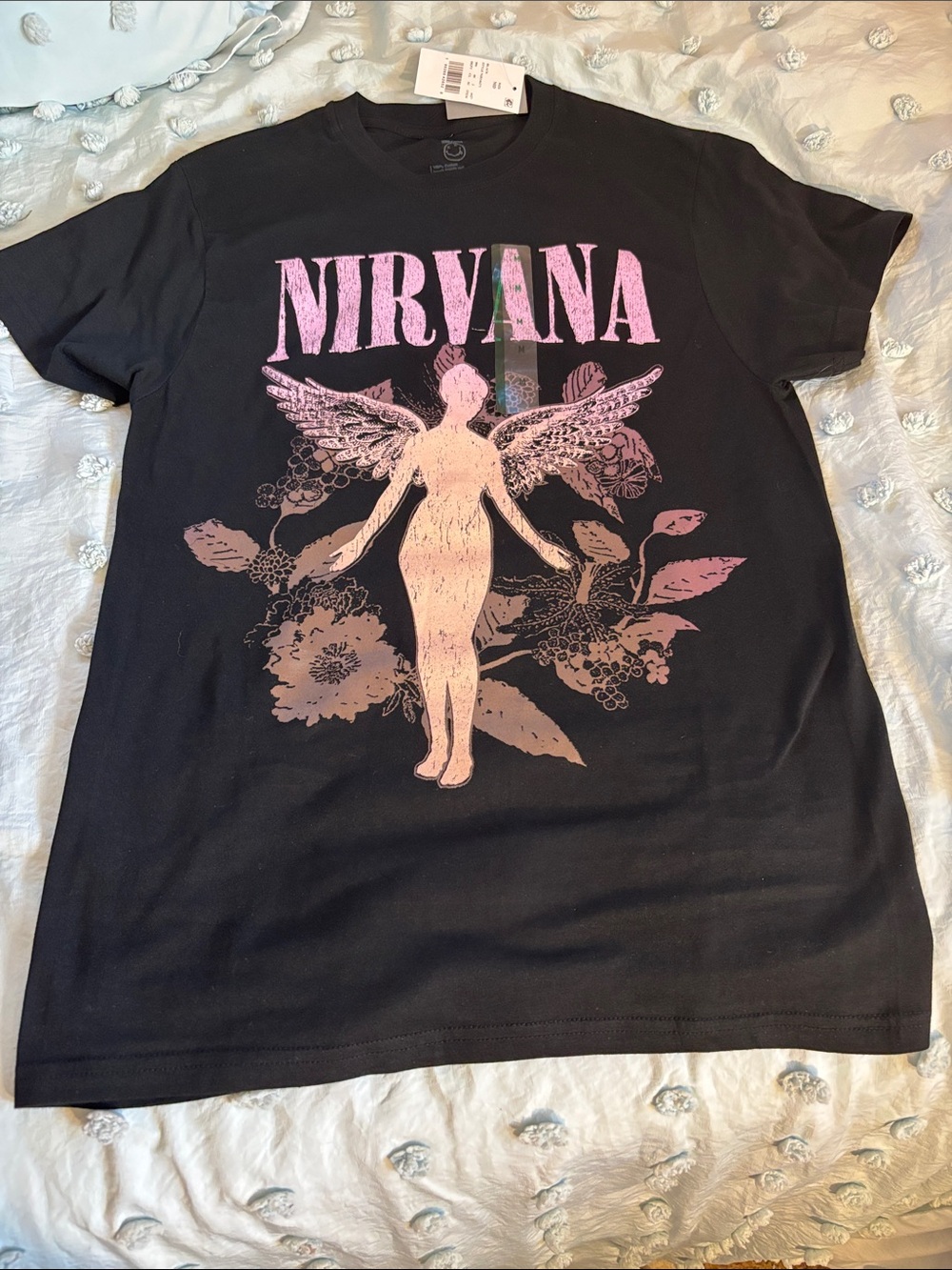 NIRVANA Black Tee with Pink Angel Graphic